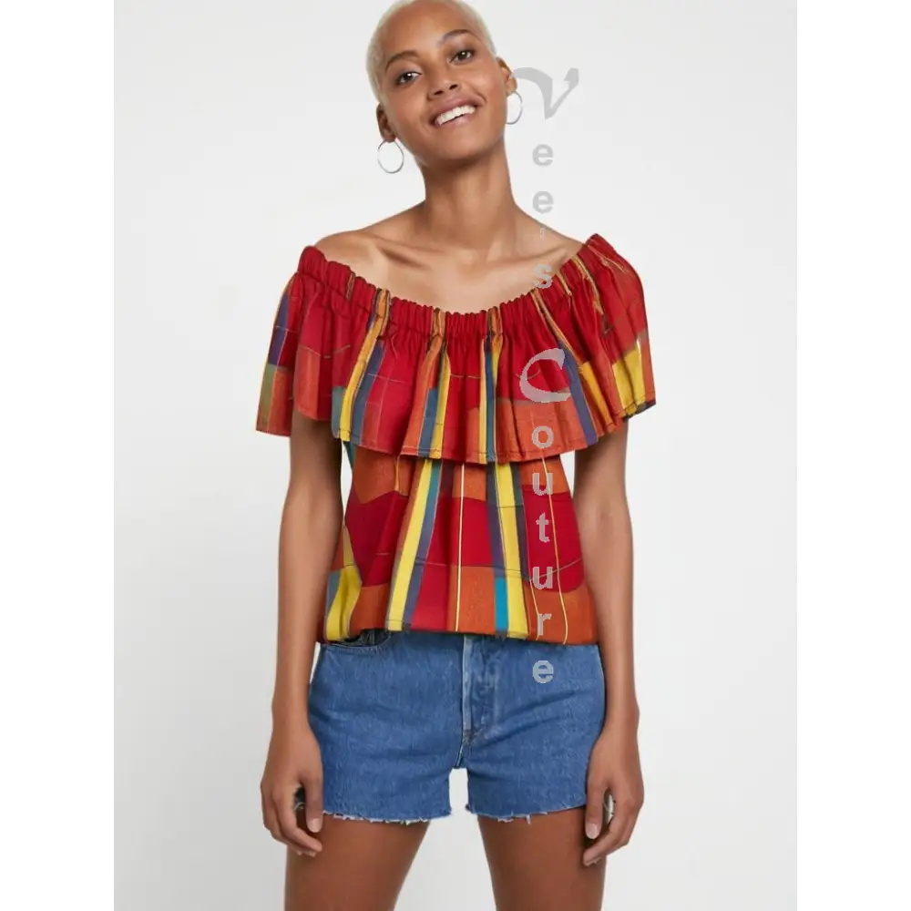 Single Layer Off-Shoulder Madras Blouse